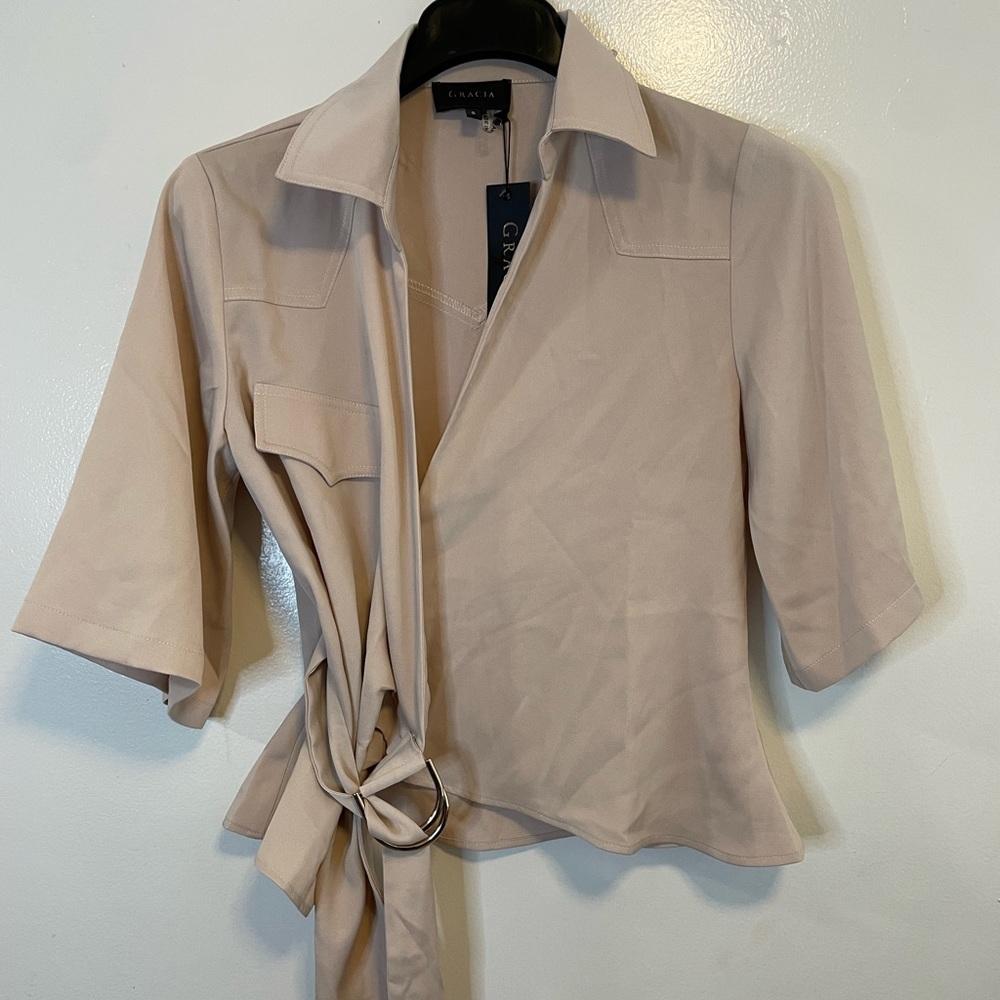 GRACIA Women’s Wrap Style Pocket Blouse Color Beige Size S
